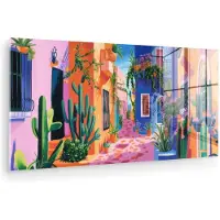 MuchoWow Glasschilderij 40x20 cm - Schilderij acrylglas - Geel - Blauw - Oranje - Huis - Foto op glas - Muurdecoratie woonkamer - Wanddecoratie slaapkamer - Schilderijen