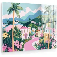 MuchoWow Glasschilderij 80x60 cm - Schilderij acrylglas - Kleurrijk - Huizen - Heuvels - Roze - Foto op glas - Muurdecoratie woonkamer - Wanddecoratie slaapkamer - Schilderijen