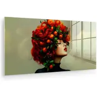 MuchoWow Glasschilderij 40x20 cm - Schilderij acrylglas - Vrouw - Appels - Rood - Bladeren - Foto op glas - Muurdecoratie woonkamer - Wanddecoratie slaapkamer - Schilderijen