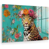 MuchoWow Glasschilderij 30x20 cm - Schilderij acrylglas - Luipaard - Bloemen - Kroon - Foto op glas - Muurdecoratie woonkamer - Wanddecoratie slaapkamer - Schilderijen