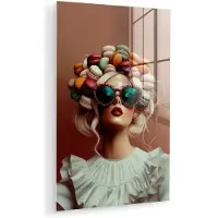 MuchoWow Glasschilderij 20x30 cm - Schilderij acrylglas - Vrouw - Macarons - Bril - Foto op glas - Muurdecoratie woonkamer - Wanddecoratie slaapkamer - Schilderijen
