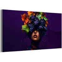 MuchoWow Aluminium schilderij 40x20 cm - Wanddecoratie metaal - Vrouw - Paars - Druiven - Metalen muurdecoratie woonkamer - Decoratie industrieel - Foto op dibond - Industriële accessoires slaapkamer