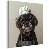 MuchoWow Aluminium schilderij 90x90 cm - Wanddecoratie metaal - Kokskleding - Zwart - Hondje - Metalen muurdecoratie woonkamer - Decoratie industrieel - Foto op dibond - Industriële accessoires slaapkamer