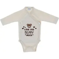 Vib - Overslag romper 'Love you BEARY much' - beige (0-3 m) - Babykleertjes - romper - rompertjes - rompertjes met tekst - baby cadeau - baby aankondiging - overslagromper