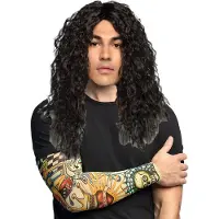 Boland Verkleed setje heren Bikers/Rockers - carnaval verkleedpruik zwart - met setje Tattoo sleeves Lucky gambler