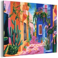 MuchoWow Aluminium schilderij 120x90 cm - Wanddecoratie metaal - Geel - Blauw - Oranje - Huis - Metalen muurdecoratie woonkamer - Decoratie industrieel - Foto op dibond - Industriële accessoires slaapkamer