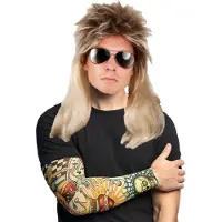 Boland Rocker/Biker verkleedset heren - wilde carnaval verkleed pruik - met 2 Tattoo sleeves Lucky gambler