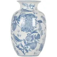 Clayre & Eef Vaas Ø 14x23 cm Wit Blauw Keramiek Vogels op Takken