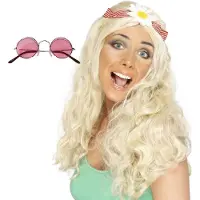 Smiffys Hippie Sixties verkleedset dames - Pruik lang haar blond - bril met ronde glazen roze - Flower Power thema