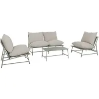 Sweeek Loungeset van staal Sofia kaki en beige, 4 plaatsen, rechthoekige tafel
