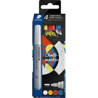 Staedtler Krijtmarker Lumocolor, ronde punt, lijndikte 2.4 mm, voor gladde oppervlakken, vloeibaar op waterbasis, set van 4 geassorteerde kleuren