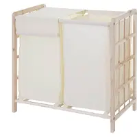 MCW Wasbak -B60, Wasbox wasmand, massief hout 2 vakken 60x60x33cm 68l ~ lichtbruin, deksel crème