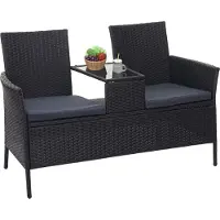 Mendler Poly rattan tuinbank met tafeltje - tafel - 2 zitter - incl kussens -zwart - 132 cm