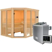 Karibu Innensauna Ainur: Saunakabine met 3 houten zitbanken, met natuurlijke afwerking. Wanddikte: 68 mm. Infraroodsauna