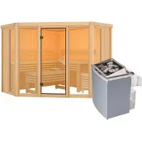 Karibu Sauna, binnensauna, Alcinda, volledig glazen voorzijde, instap vanaf de voorkant, oven 9 kW, geïntegreerde bediening, afmetingen 231x231x198 cm, zonder dakrand