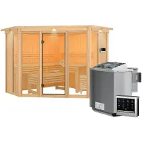 Karibu Sauna, binnensauna, Alcinda, volledig glazen voorzijde, instap vanaf de voorkant, oven 9 kW, , externe bediening, easy, 245x245x202 cm, met daklijst