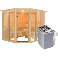 Karibu Sauna, binnensauna, model Ainur 3, hoekinstap, oven 9 kW, geïntegreerde bediening, afmetingen 245x210x202 cm, met daklijst