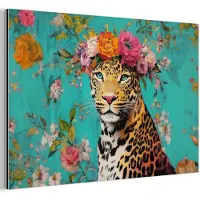 MuchoWow Aluminium schilderij 180x120 cm - Wanddecoratie metaal - Luipaard - Bloemen - Kroon - Metalen muurdecoratie woonkamer - Decoratie industrieel - Foto op dibond - Industriële accessoires slaapkamer