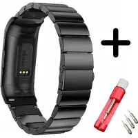 Strap-it bandje metaal zwart + toolkit geschikt voor Fitbit Charge 3 / 4