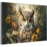 MuchoWow Aluminium schilderij 180x120 cm - Wanddecoratie metaal - Uil - Vogels - Bloemen - Natuur - Metalen muurdecoratie woonkamer - Decoratie industrieel - Foto op dibond - Industriële accessoires slaapkamer
