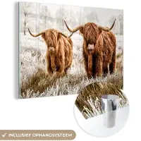MuchoWow Glasschilderij 180x120 cm - Schilderij acrylglas - Schotse hooglander - Koe - Natuur - Winter - Foto op glas - Muurdecoratie woonkamer - Wanddecoratie slaapkamer - Schilderijen