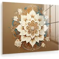MuchoWow Glasschilderij 160x120 cm - Schilderij acrylglas - Mandala - Bloemen - Wit - Bruin - Foto op glas - Muurdecoratie woonkamer - Wanddecoratie slaapkamer - Schilderijen