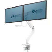 Fellowes Eppa monitor arm, voor 2 beeldschermen tot 32" &amp; tot 8 kg elk, in hoogte verstelbaar/zwenk/kantel, dwarsbalk ontwerp, kabelgeleider, tafelklem, wit