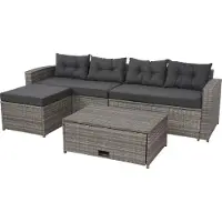 MCW Poly-rattan set -J34, balkon/tuin/lounge set Bank, opbergvak ~ grijs, donkergrijze kussens