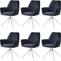 MCW Set van 6 eetkamerstoelen -G67, keukenstoel armleuning, draaibare auto positie, fluweel MVG ~ antraciet-blauw, roestvrij staal