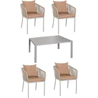 Mendler Tuinset -N41, tafel + 4 stoelen, weerbestendig aluminium 140 x 80 cm, touwvlechtwerk ~ grijs Kussens taupe