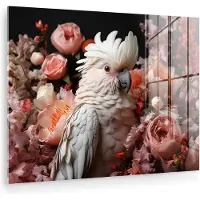 MuchoWow Glasschilderij 120x90 cm - Schilderij acrylglas - Kaketoe - Dier - Natuur - Botanisch - Bloemen - Roze - Foto op glas - Muurdecoratie woonkamer - Wanddecoratie slaapkamer - Schilderijen