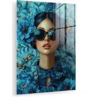 MuchoWow Glasschilderij 60x80 cm - Schilderij acrylglas - Vrouw - Bloemen - Vlinders - Blauw - Abstract - Foto op glas - Muurdecoratie woonkamer - Wanddecoratie slaapkamer - Schilderijen