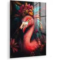 MuchoWow Glasschilderij 90x120 cm - Schilderij acrylglas - Flamingo - Kleuren - Bloemen - Veren - Foto op glas - Muurdecoratie woonkamer - Wanddecoratie slaapkamer - Schilderijen