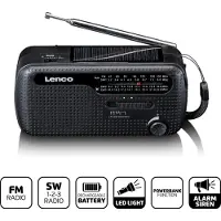 Lenco MCR-113BK Noodradio FM, VHF (FM), Korte golf Korte golf, Noodradio, USB, FM Zaklamp, Handslinger, Powerbankfunctie, Oplaadbaar, Zonnepaneel Zwart