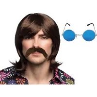 Boland Hippie Sixties verkleedset - Pruik lang haar en plaksnor bruin - bril blauw met ronde glazen - heren - Flower Power look