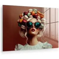 MuchoWow Glasschilderij 180x120 cm - Schilderij acrylglas - Vrouw - Macarons - Bril - Foto op glas - Muurdecoratie woonkamer - Wanddecoratie slaapkamer - Schilderijen