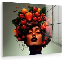 MuchoWow Glasschilderij 160x120 cm - Schilderij acrylglas - Vrouw - Chocolade - Frambozen - Aardbeien - Koekjes - Foto op glas - Muurdecoratie woonkamer - Wanddecoratie slaapkamer - Schilderijen