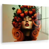 MuchoWow Glasschilderij 180x120 cm - Schilderij acrylglas - Vrouw - Aardbeien - Kroon - Foto op glas - Muurdecoratie woonkamer - Wanddecoratie slaapkamer - Schilderijen