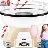Kesser Suikerspinmachine Set voor thuis - Met 30x Suikerspinstaafjes & Maatschep - Retro Suikerspinmachine - Suikerspinmachine Met Accessoires - Hoogte 22 cm - 500 W - Creme / Wit