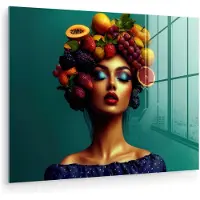 MuchoWow Glasschilderij 160x120 cm - Schilderij acrylglas - Vrouw - Hoodtooi - Tropisch - Fruit - Druiven - Foto op glas - Muurdecoratie woonkamer - Wanddecoratie slaapkamer - Schilderijen