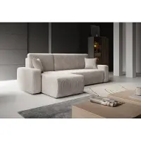 Meubella - Prudence - Hoekbank 3-zits met chaise longue - Beige - Ribstof - Universeel