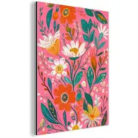 MuchoWow Aluminium schilderij 120x160 cm - Wanddecoratie metaal - Roze - Bloemen - Wit - Oranje - Metalen muurdecoratie woonkamer - Decoratie industrieel - Foto op dibond - Industriële accessoires slaapkamer