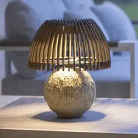 LES JARDINS LED tafellamp Alba, grijs/beige, hoogte 41 cm dimbaar, hout donker, Steen, Solar buitenverlichting