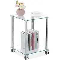 Relaxdays salontafel op wielen - vierkant - 2 etages - koffietafel glas - staal - 34x34 cm