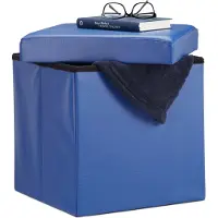 Relaxdays Kleine poef vierkant - Kruk kunstleer - Zwart wit bruin - 38x38x38 - Opslag 40 L blauw
