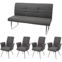 Mendler Set van 4 eetkamerstoelen + bank -G55, bank, keukenstoel, stoel + armleuning, stof/textiel, roestvrij staal ~ grijsbruin, bank 180 cm