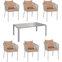 Mendler Tuinset -N41, tafel + 6 stoelen, weerbestendig aluminium 180 x 80 cm, touwvlechtwerk ~ grijs Kussens taupe