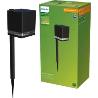 Philips Virona sokkellamp met spies - Solar buitenlamp - Warm wit licht; 2700K - Zwart - Zonne-energie - tuinpadverlichting