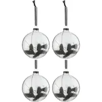 J-Line Doos van 4 kerstballen rond gedroogde hazenstaart zwart glas transparant medium