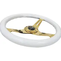 Nrg Classic Wood Grain Steering Wheel (350mm) White Grip w/Chrome Gold 3-Spoke Center